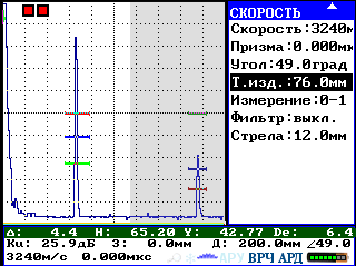 Режим «Развертка по отражениям» на дисплее ультразвукового микропроцессорного дефектоскопа УД3-71